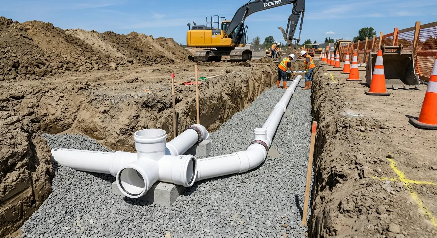 New PVC sewer pipe installation in open trench for Sewer Backup in Franklin Park